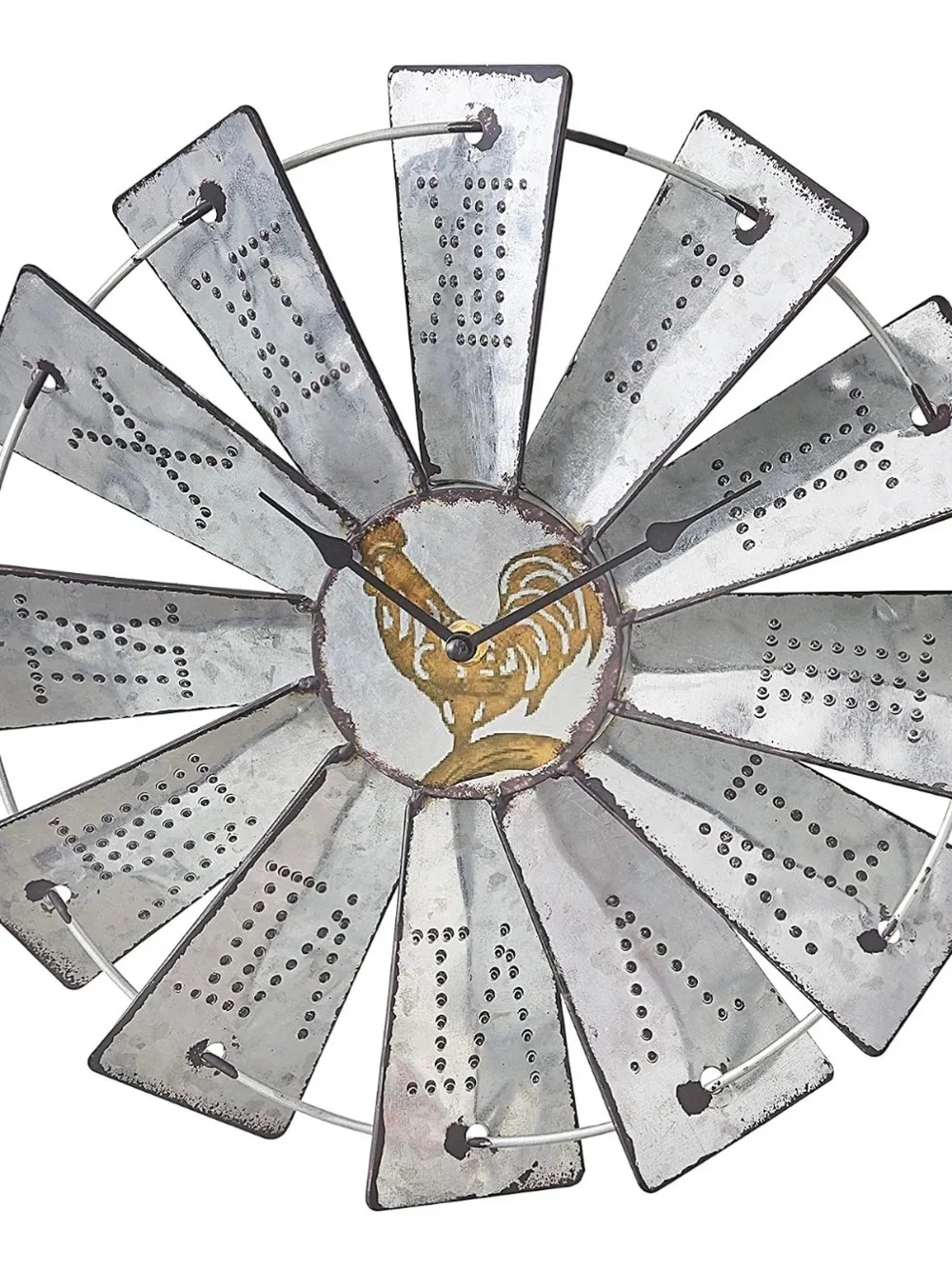 14.25 inch rustic galvanized metal windmill wall clock Roman numerals rooster